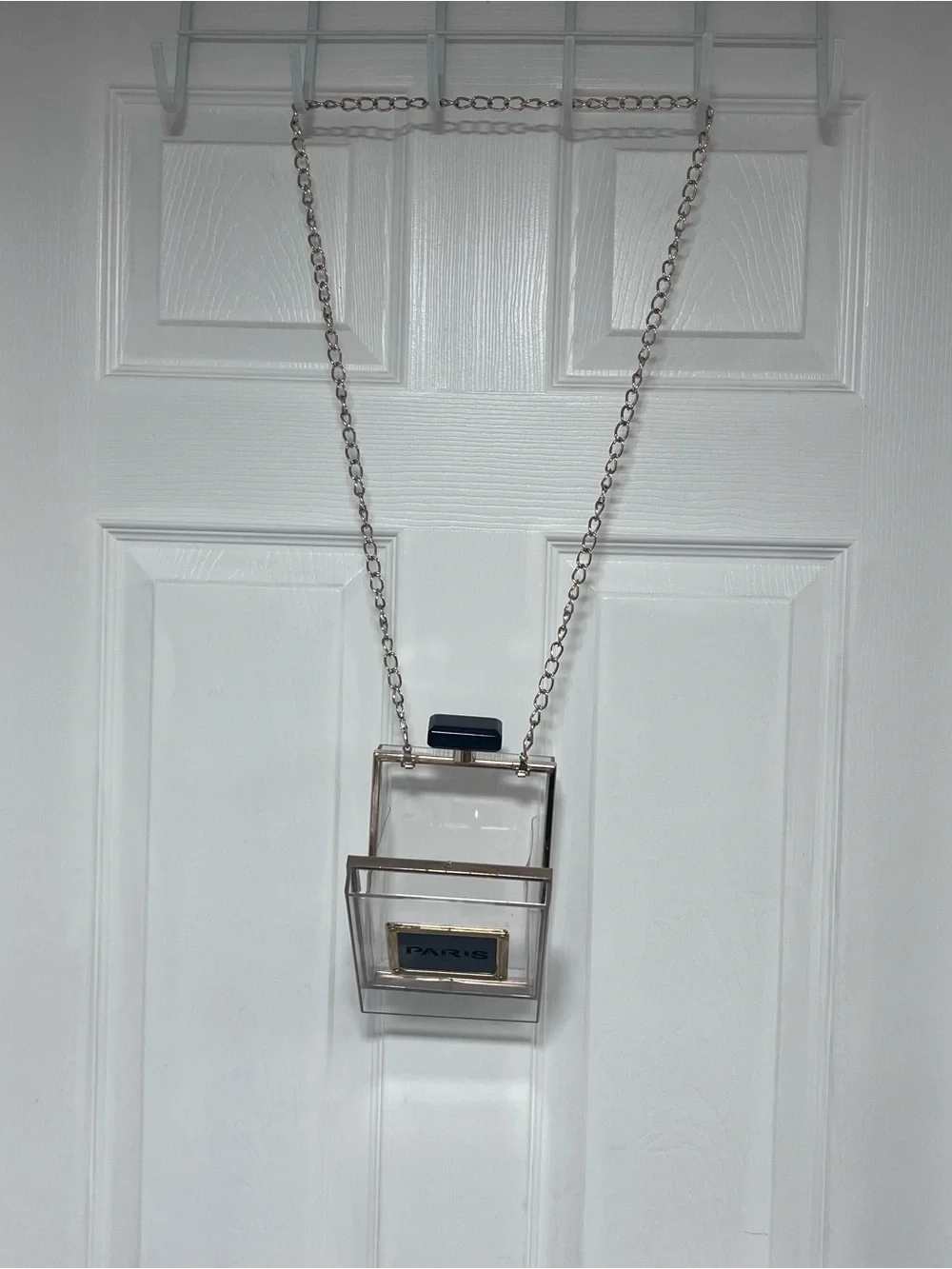 Clear Paris Perfume Bottle Cross Body Purse - Gold & Black Accents